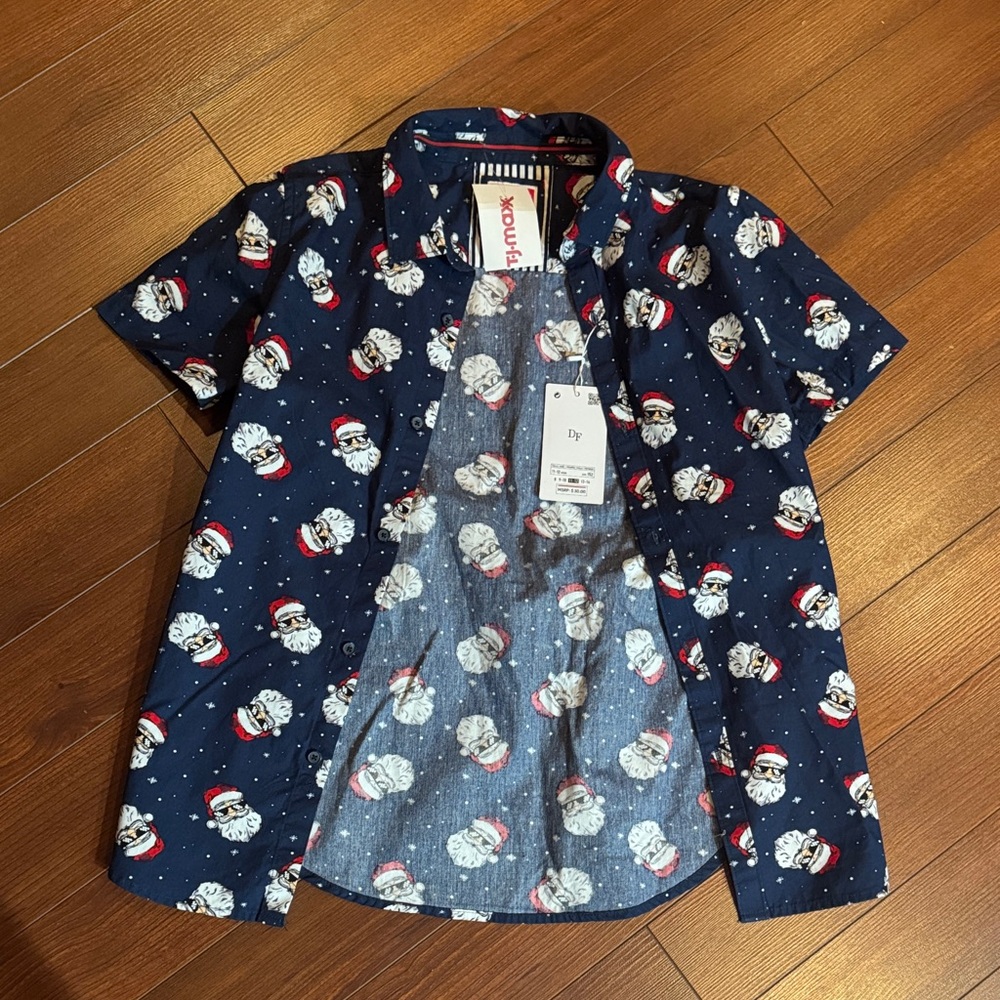 Denim & Flower Dark Blue Santa Print Men's Shirt